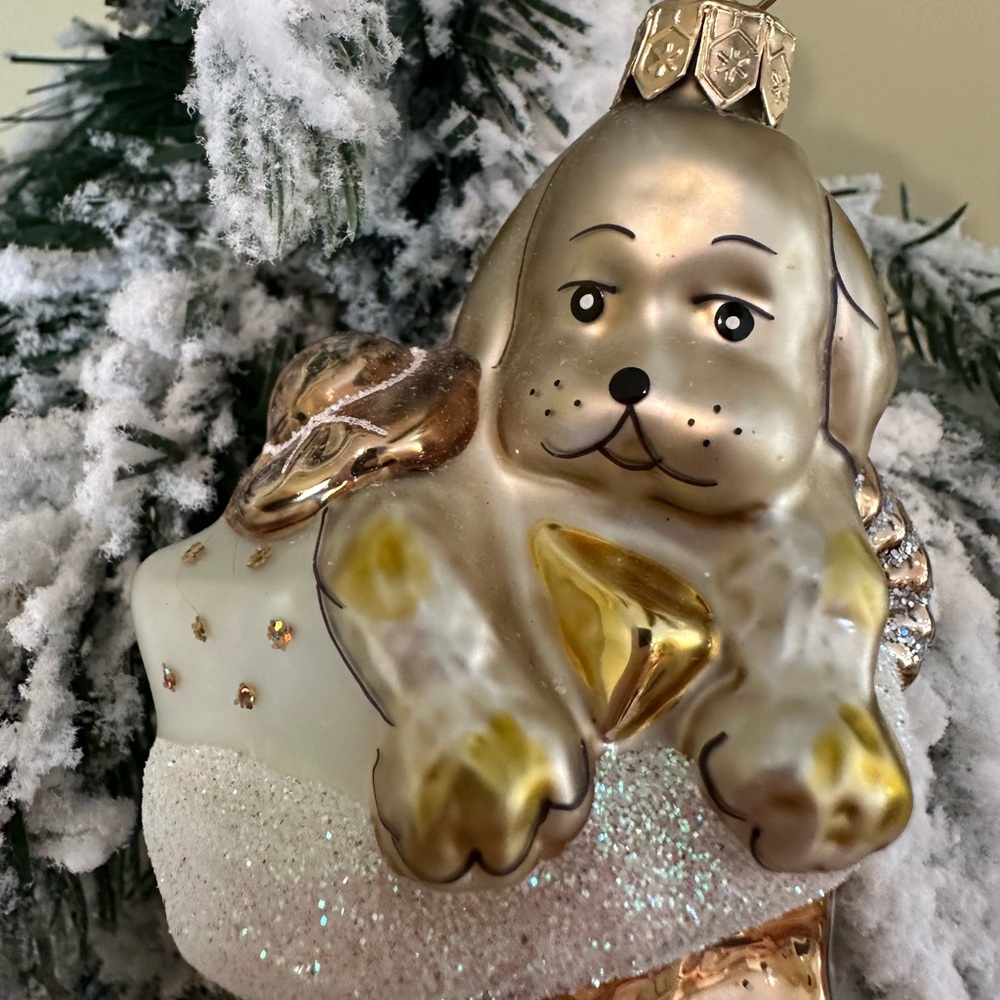 Gold and White Blown Glass Dog Christmas Tree Ornament